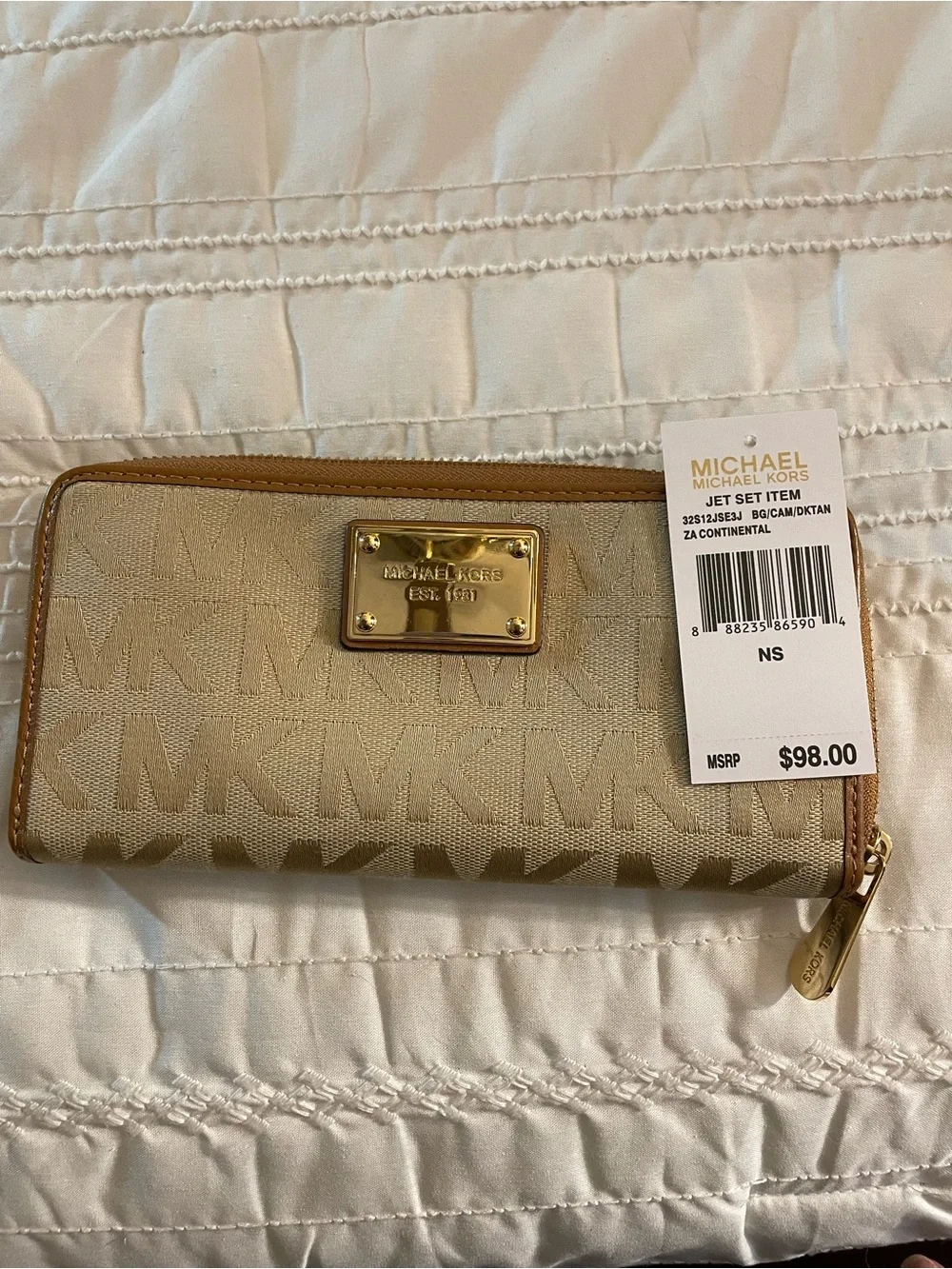 Michael Kors Beige Signature MK Zip-Around Continental Wallet with Gold Plate